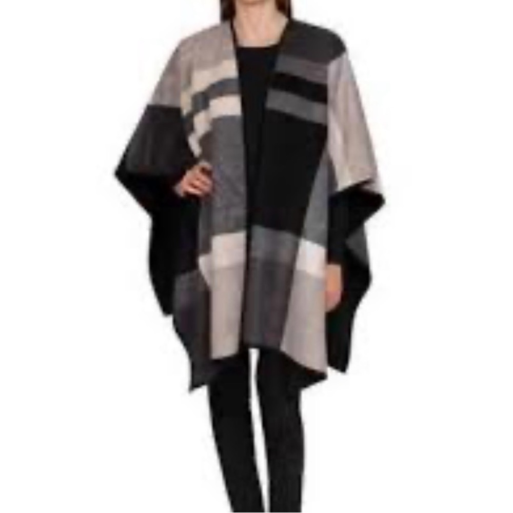 Ike Behar Black and Gray Patterned Poncho